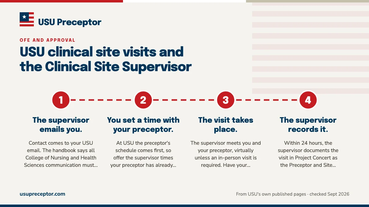 Numbered steps. How a visit runs: 1 The supervisor emails you.; 2 You set a time with your preceptor.; 3 The visit takes place.; 4 The supervisor records it..